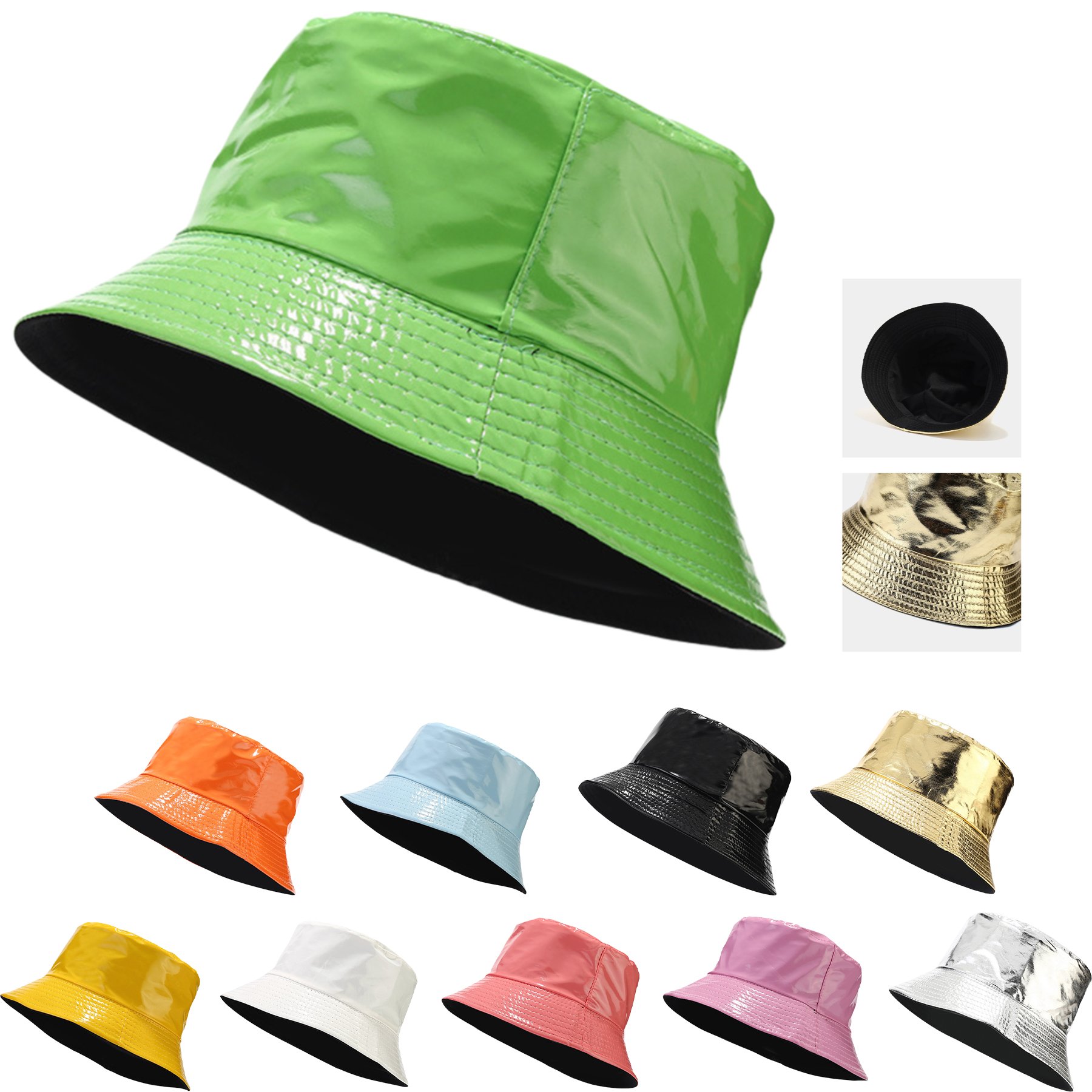 Metallic Bucket PU Hat Trendy WomensReversibleBeach Cap 10