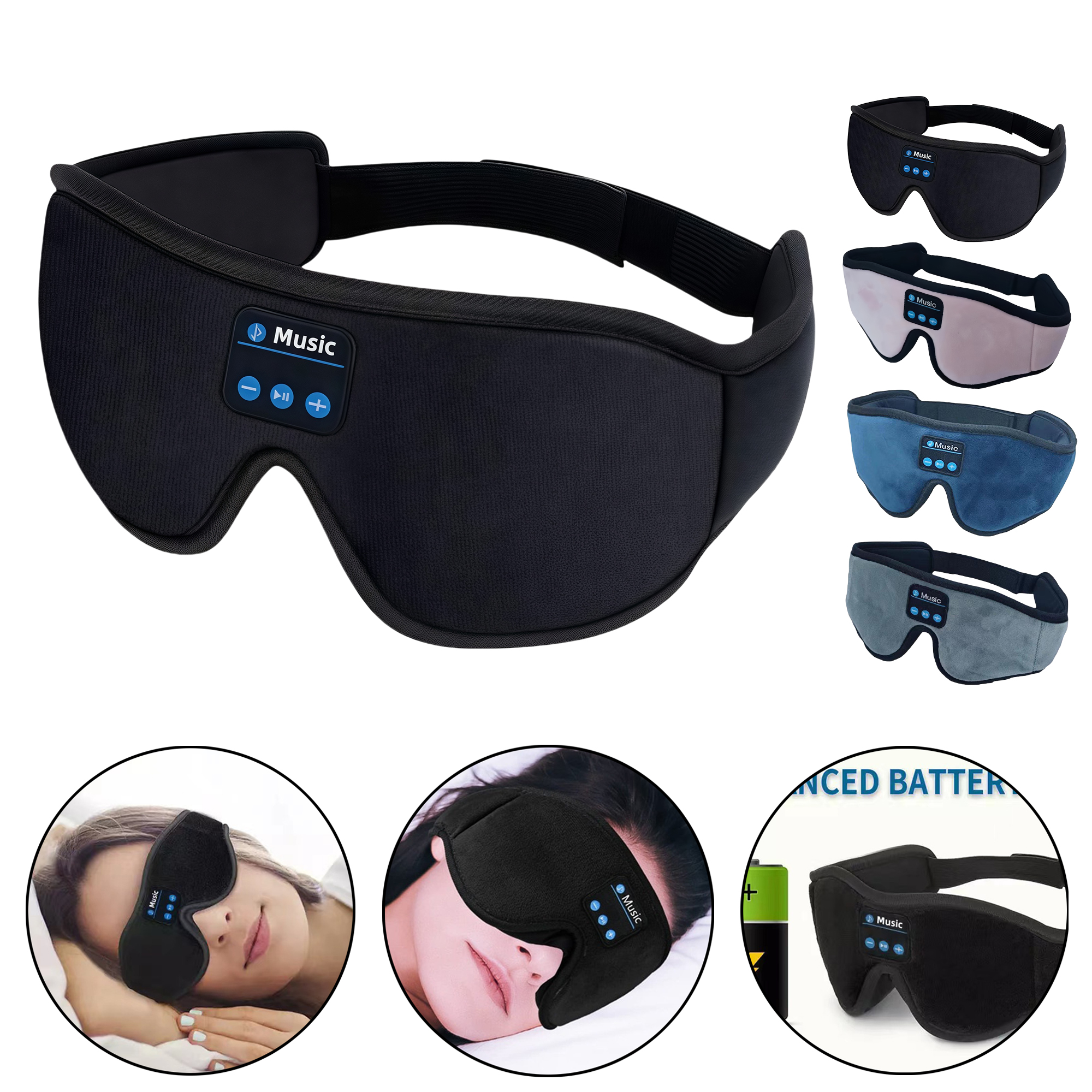 3D Black Sleep Eye Mask with Bluetooth 5.0 Wireless Headphones 5