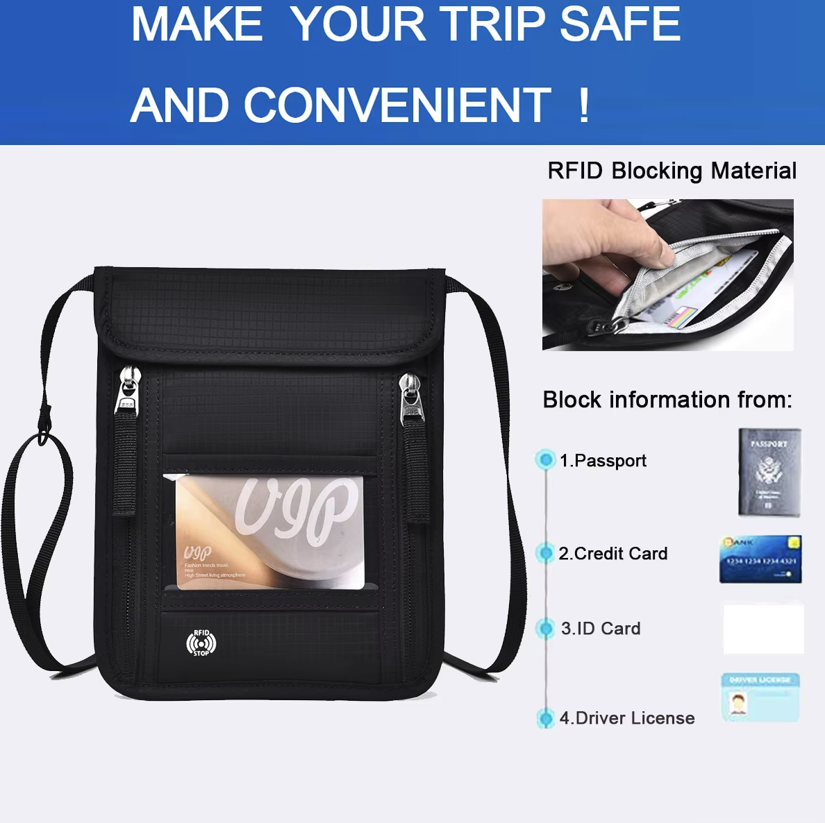 Multifunction RFID Travel Wallet Badge Passport Neck Pouch 3