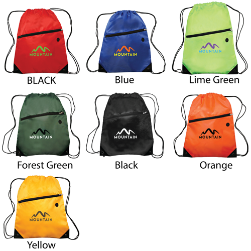 Polyester 210D Drawstring Bag w/ Zippered Pocket - 13.5"W x 3