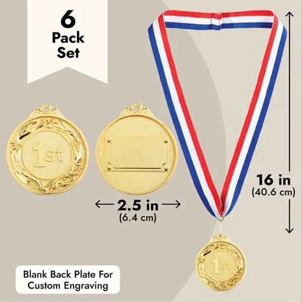 6 Pack 1st Place Gold Medals with 16 Inch Neck Ribbon 1