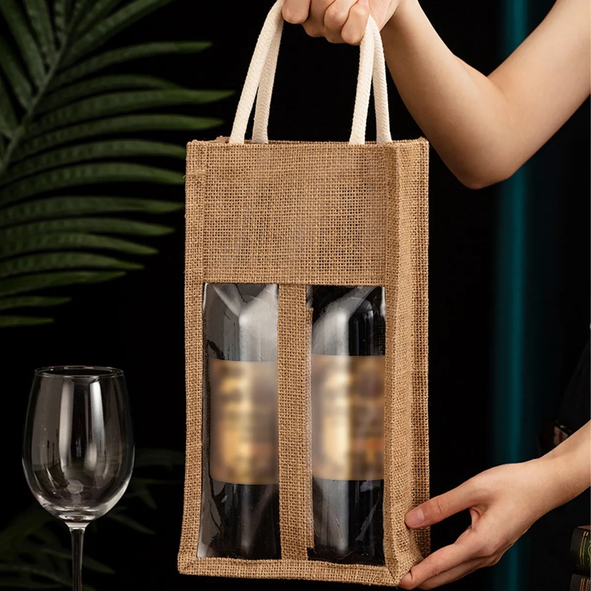 Natural Jute Wine Tote Gift Bag with Dividers Double Window, custom tote bag with logo imprint 2