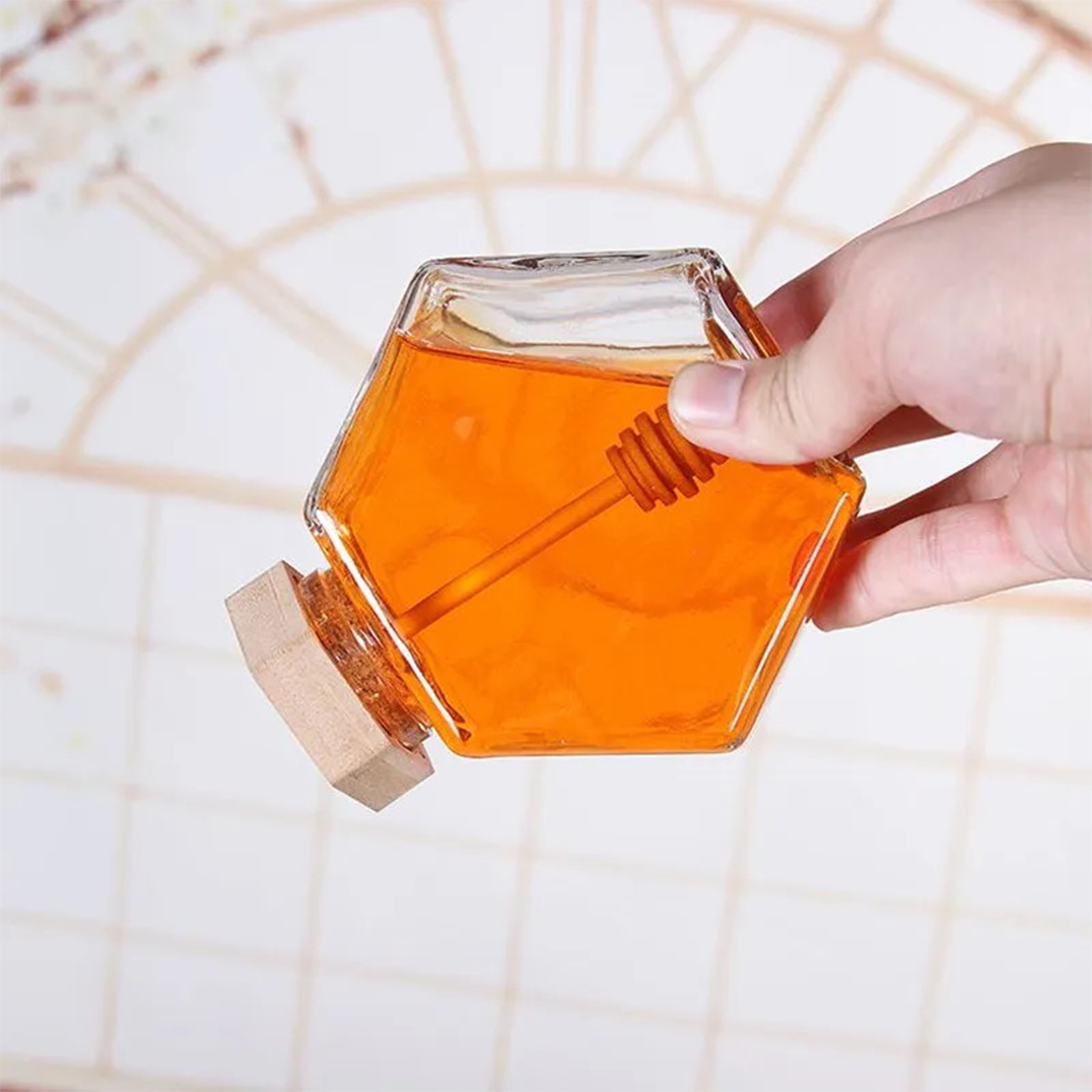 Hexagonal Glass Honey Jar with Lid 2