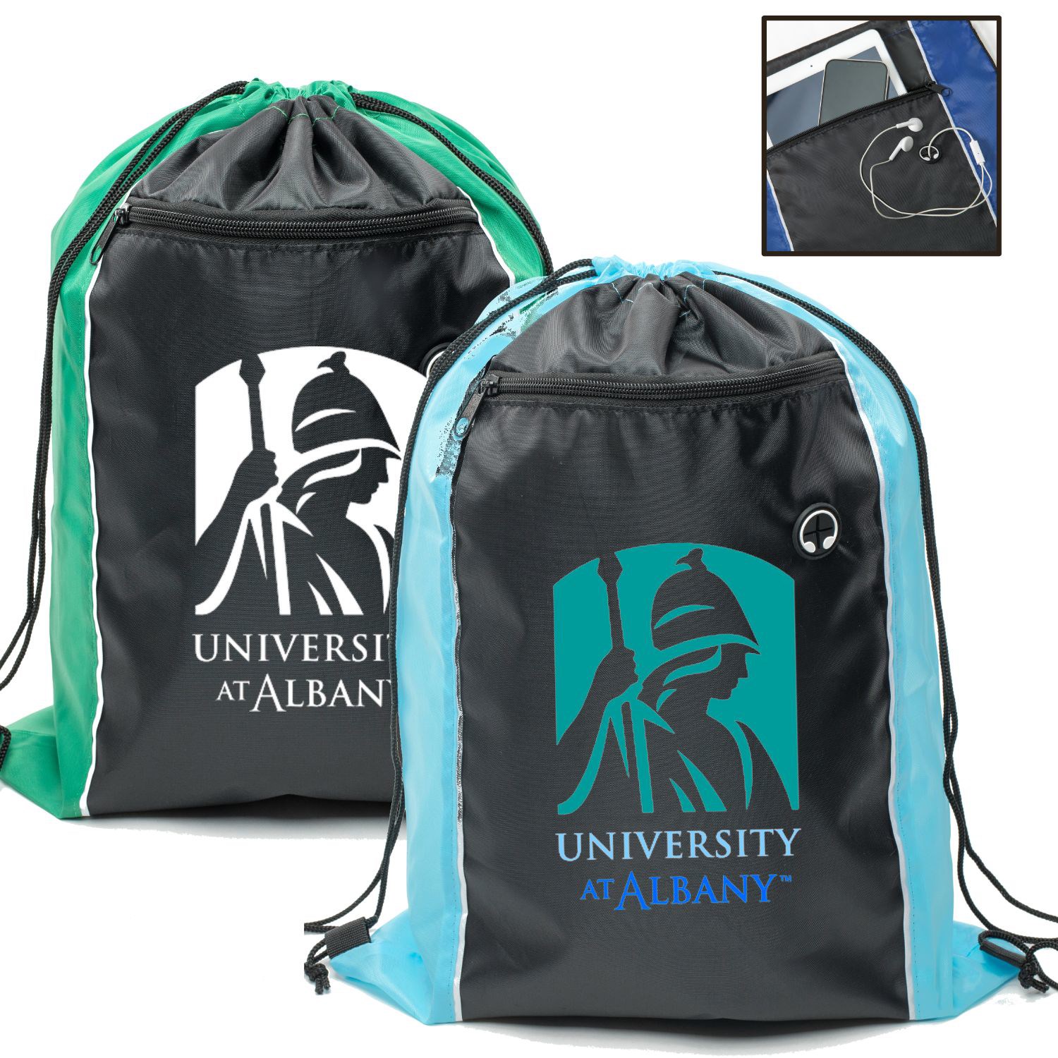 Tri-Color Drawstring Backpack with Earphone Slot & Front Zipper (14" x 18") 8