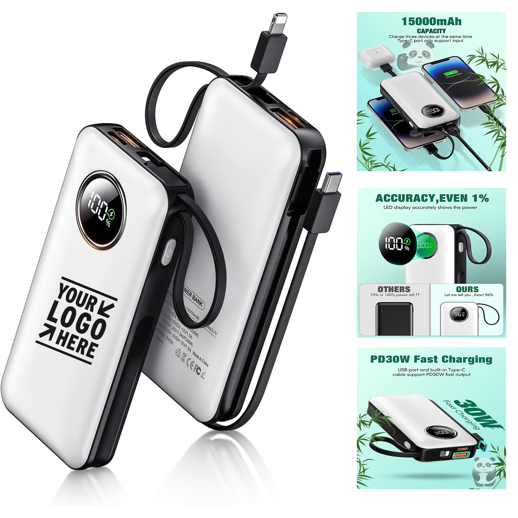 15000mAh Portable LED Display 15000mAh PD 30W iPhone Android Phones Charger Power Bank 1