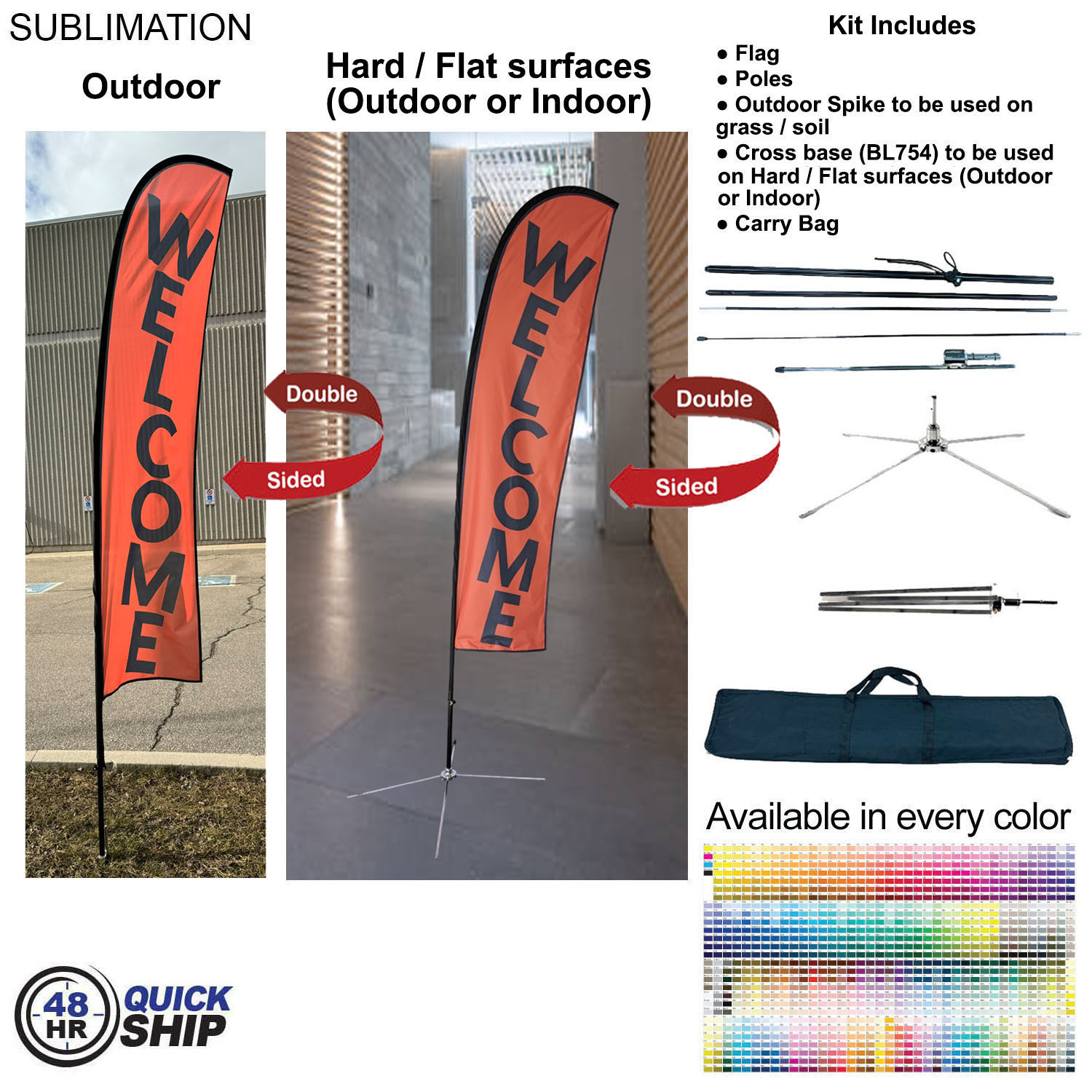 48Hr Quick Ship - 10' Small Feather Flag Kit, Full Color Graphic Double Sided, Outdoor & Indoor base 7