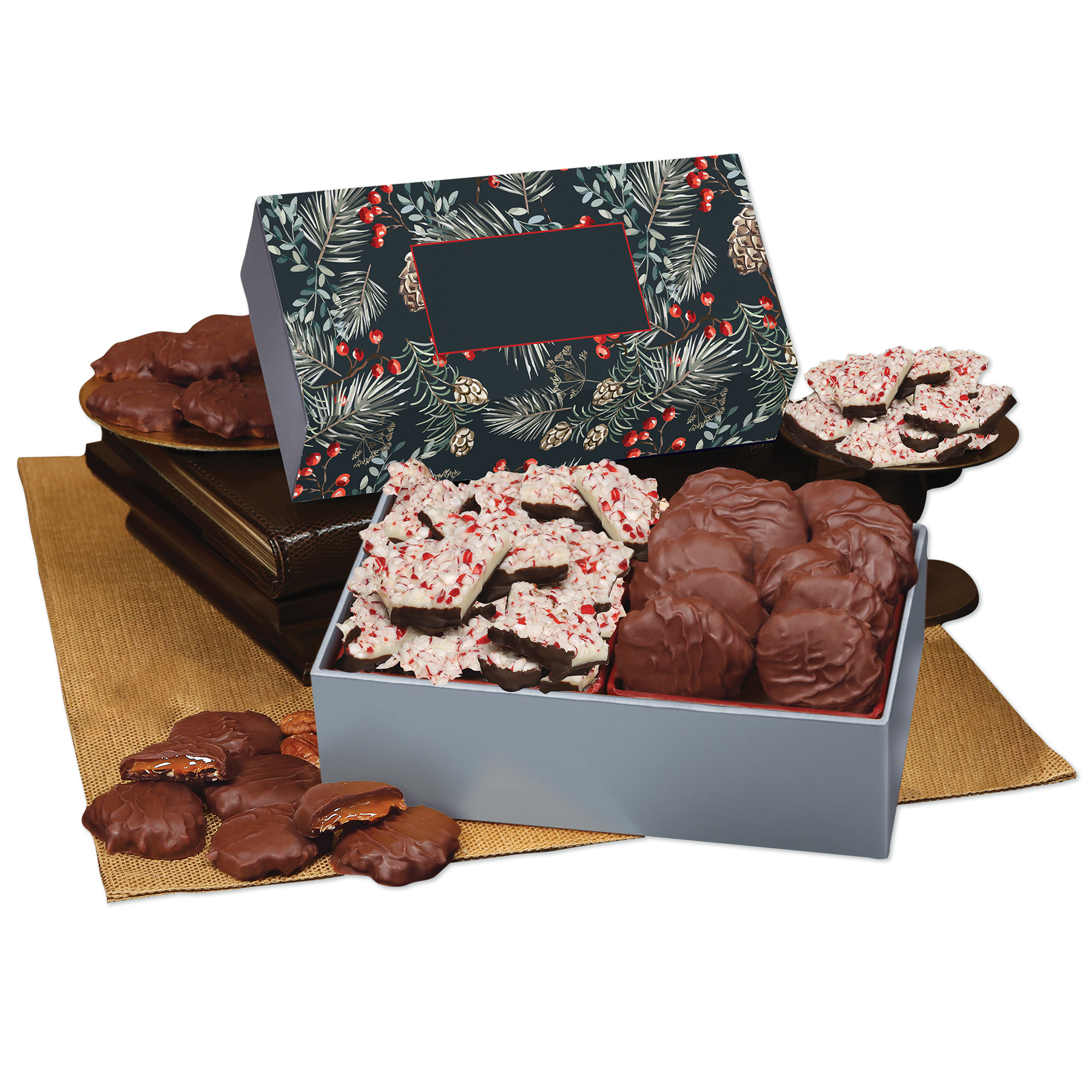 Peppermint Bark & Pecan Clusters in Gift Box with Pine Boughs & Berries Sleeve 3