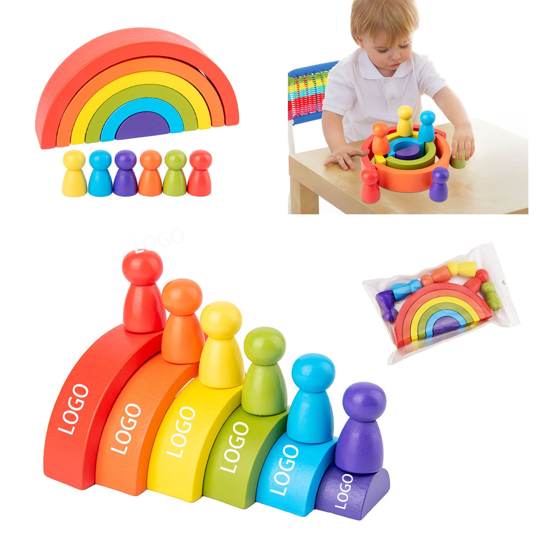 Wooden Rainbow Tower Stacked High Blocks