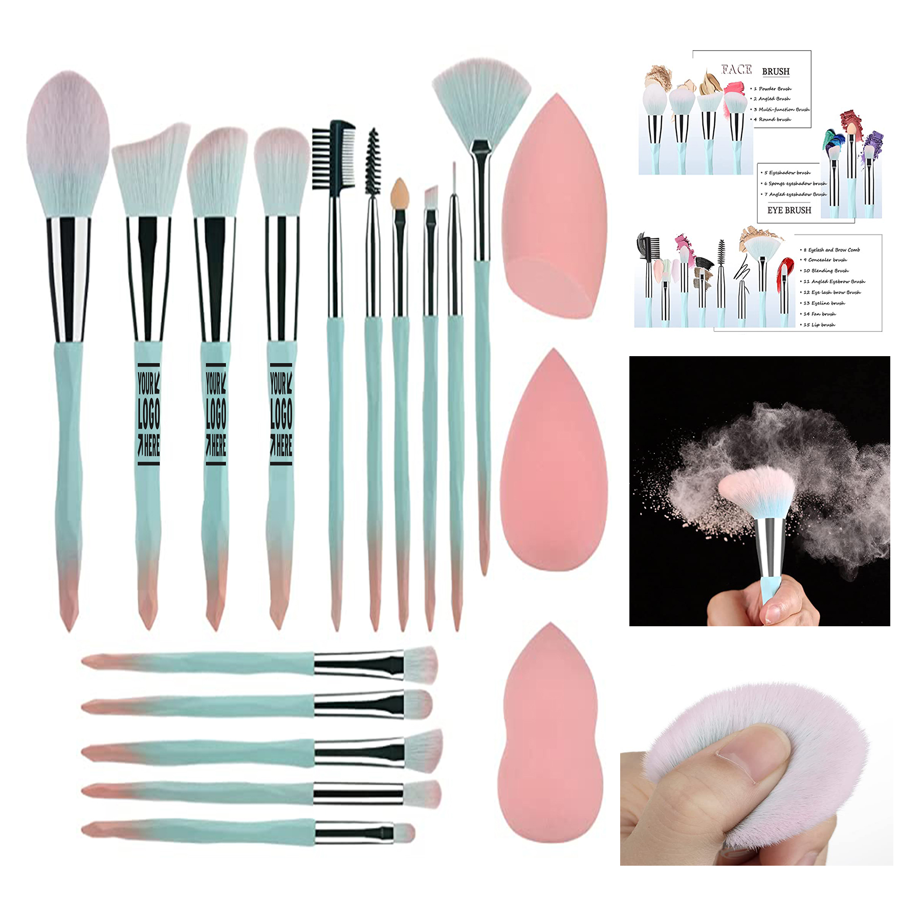 Powder Blue Gradient Makeup Brush and Makeup Sponge Makeup Tool Set 1