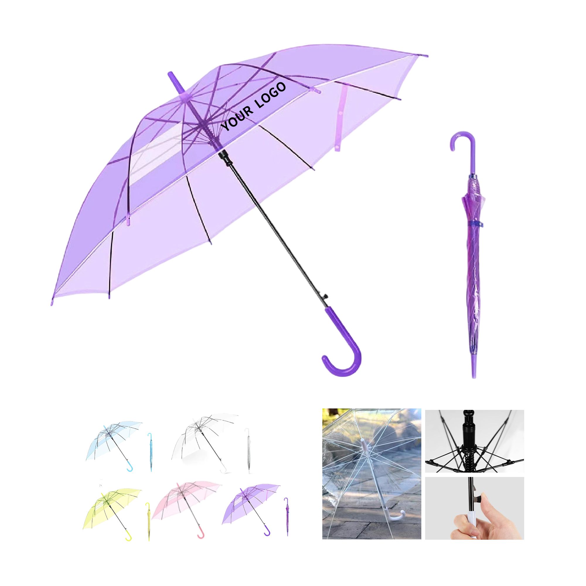 Clear PVC Umbrella With Crook Handle Auto Open 28" 4