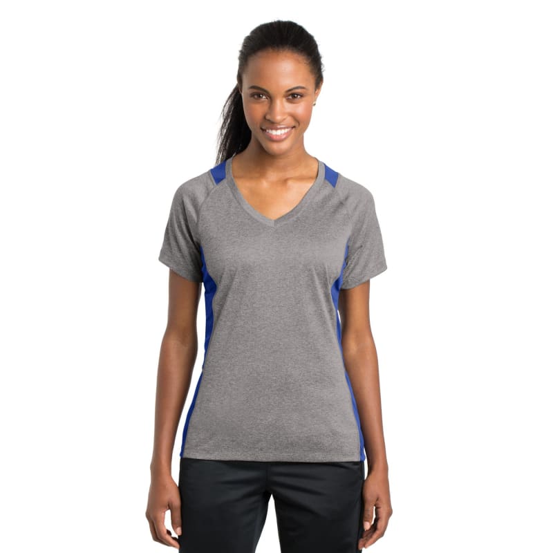 Sport-Tek Women's Heather Colorblock Contender V-Neck Tee. 37