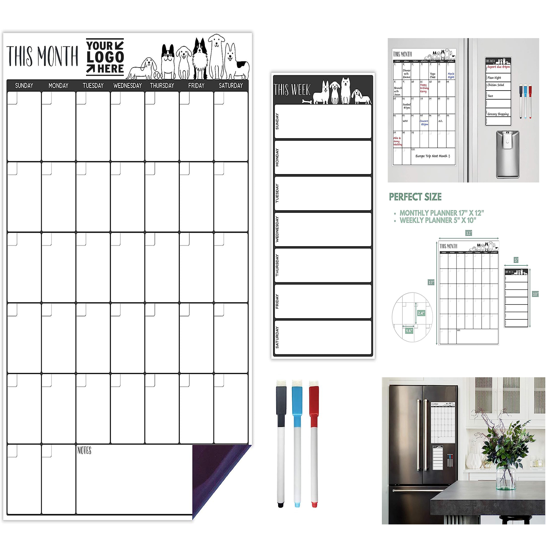 Set of 2 Vertical Magnetic Calendar Dry Erase Board