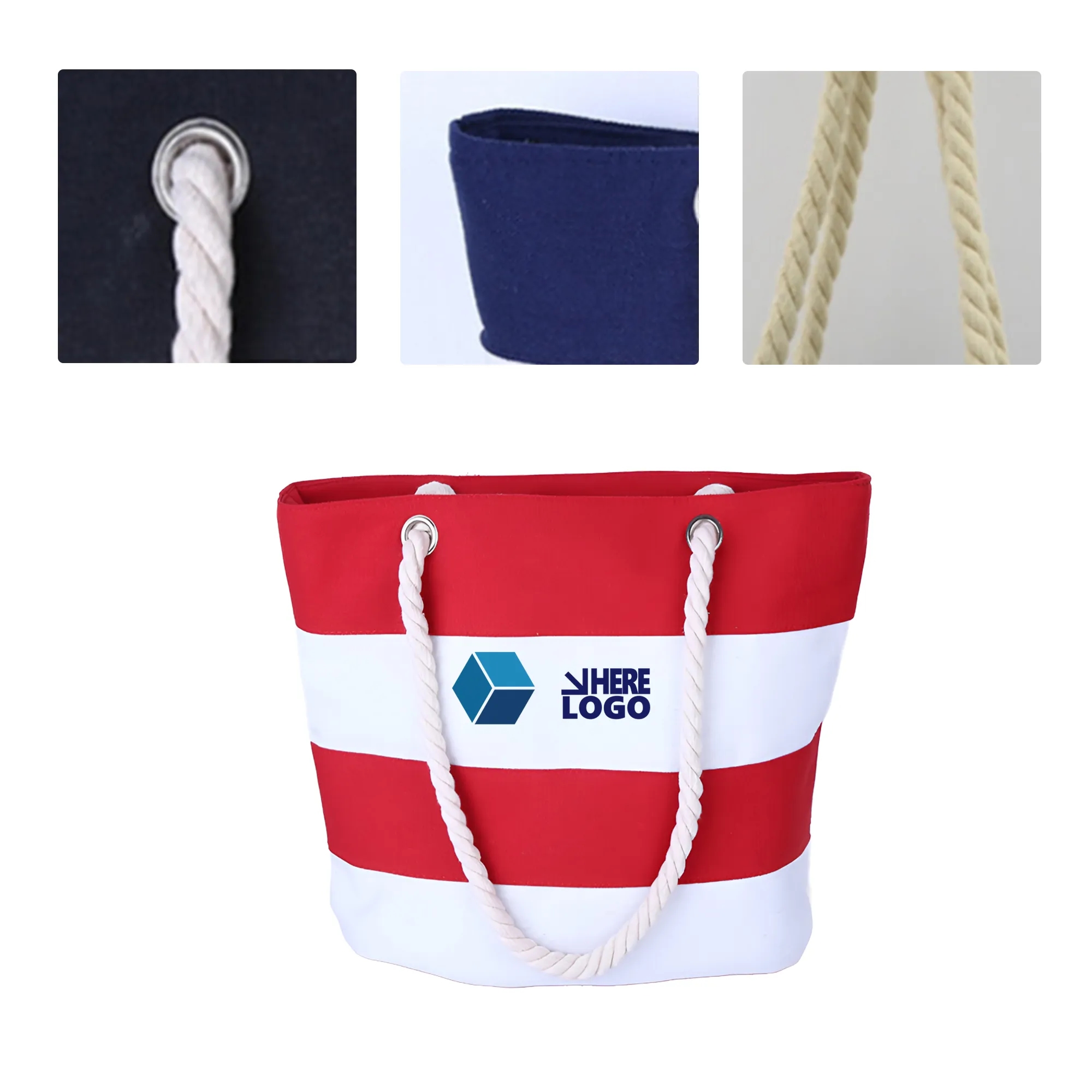 MOQ50 Striped Canvas Beach Tote Bag, custom tote bag with logo imprint 3