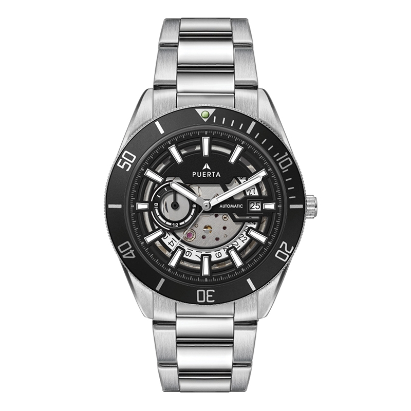 WC8240 42MM STEEL SILVER CASE, 3 HAND "AUTOMATIC" MVMT, SEE THROUGH DIAL, DTE DISPLAY, BK ROTATING BEZEL, S