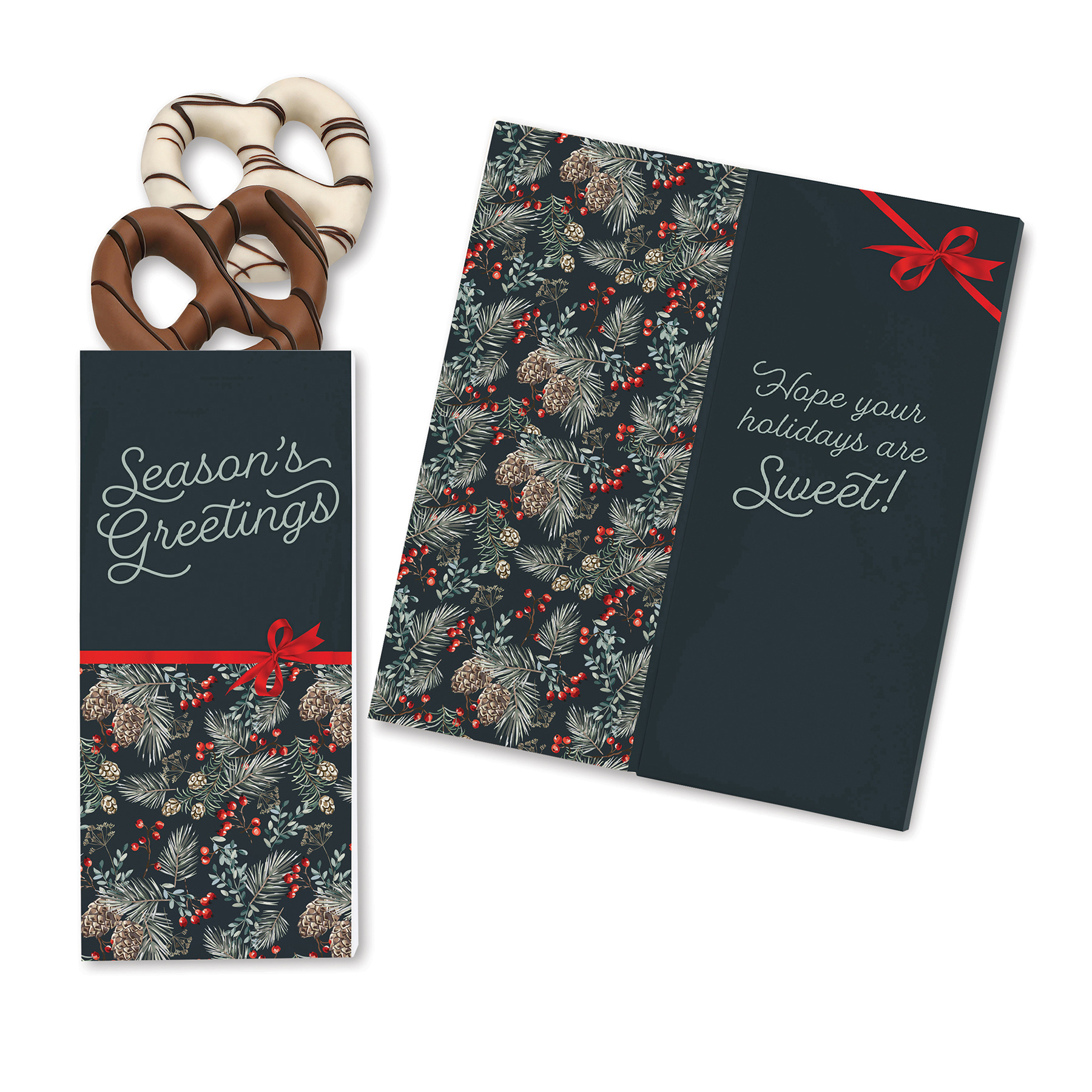 One Color Foil-Stamped Stock Pine Boughs & Berries Sweeter Cards with Chocolate Dipped Pretzels 3