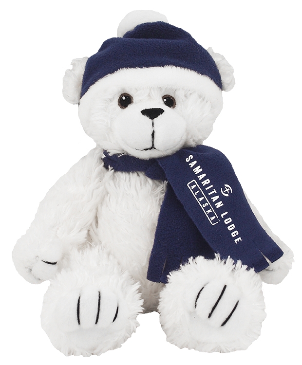 8" White Curly - Navy Winter Hat & Scarf With One Color Imprint 2