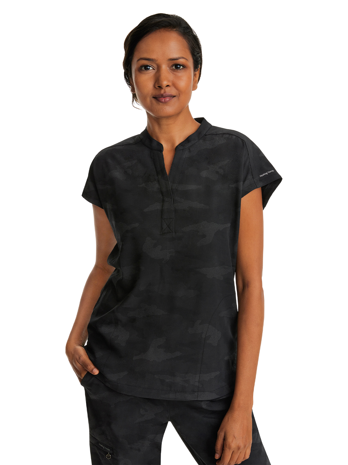 Healing Hands - HH PL Jacquard - Women's 2-Pocket Journey Camo Mandarin Style Top 12