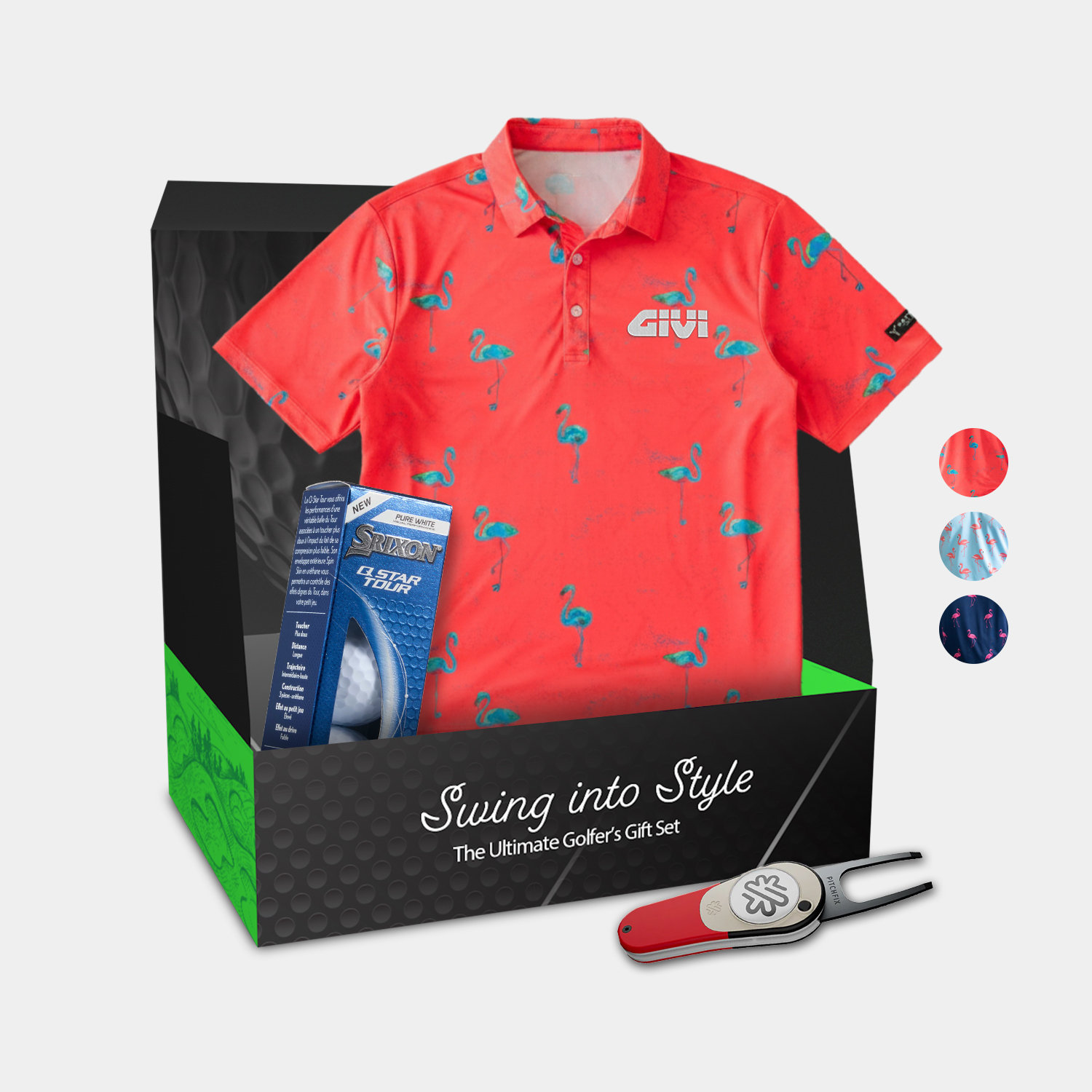 YATTA Golf® Flamingo Men's Polo Shirt, Srixon® Golf Balls & Pitchfix® Icon Divot Tool Gift Set 2