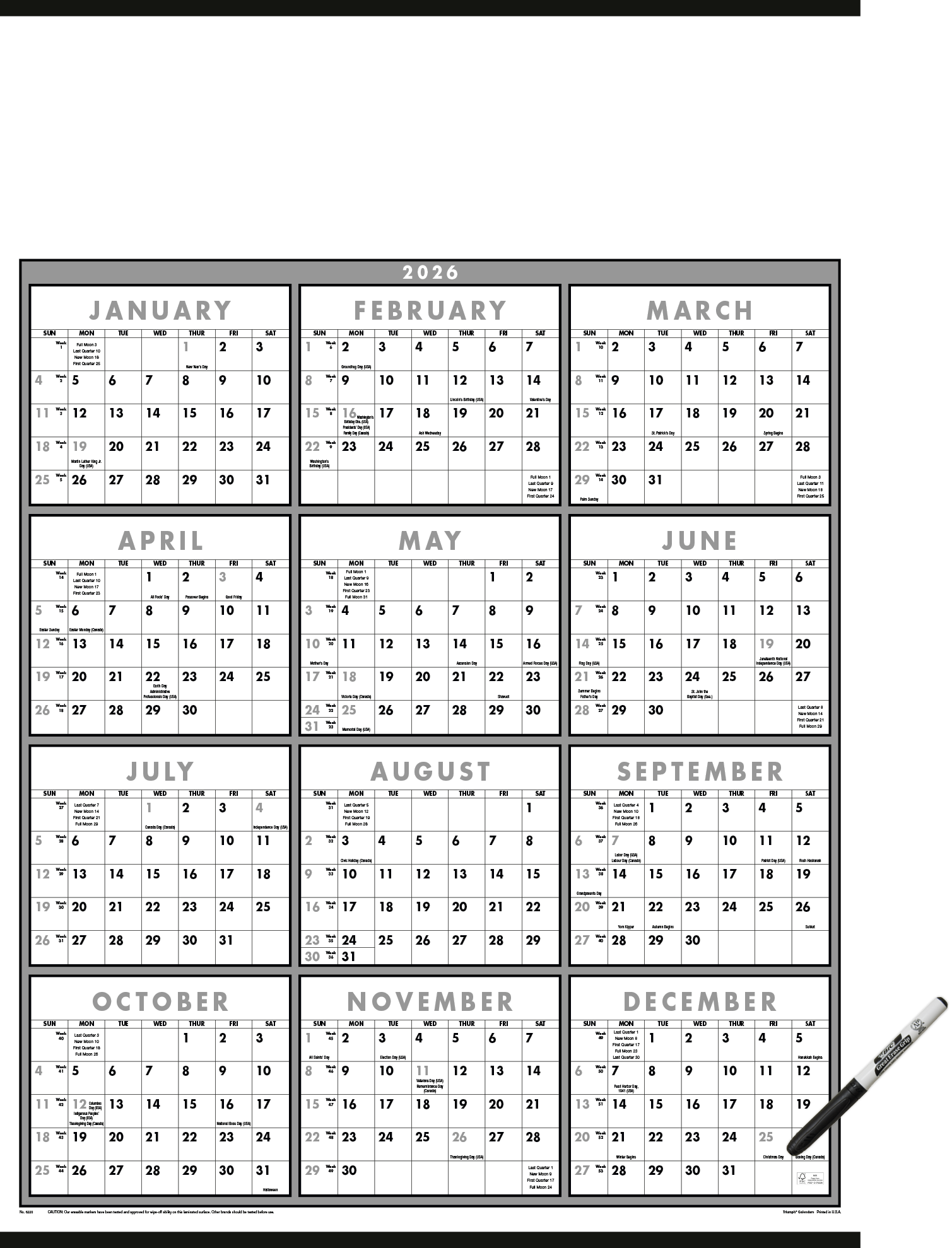 Triumph® Calendars Black & White Span-A-Year Laminated w/Marker Calendar 5