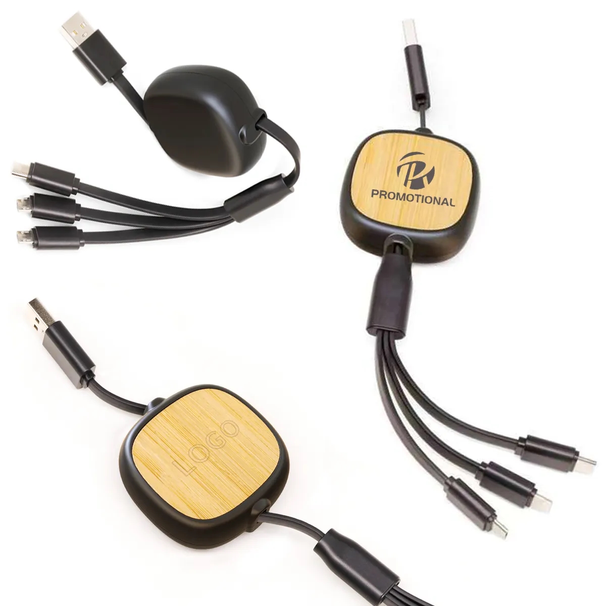 3 in1 Custom Bamboo Retractable Charging Cable 4