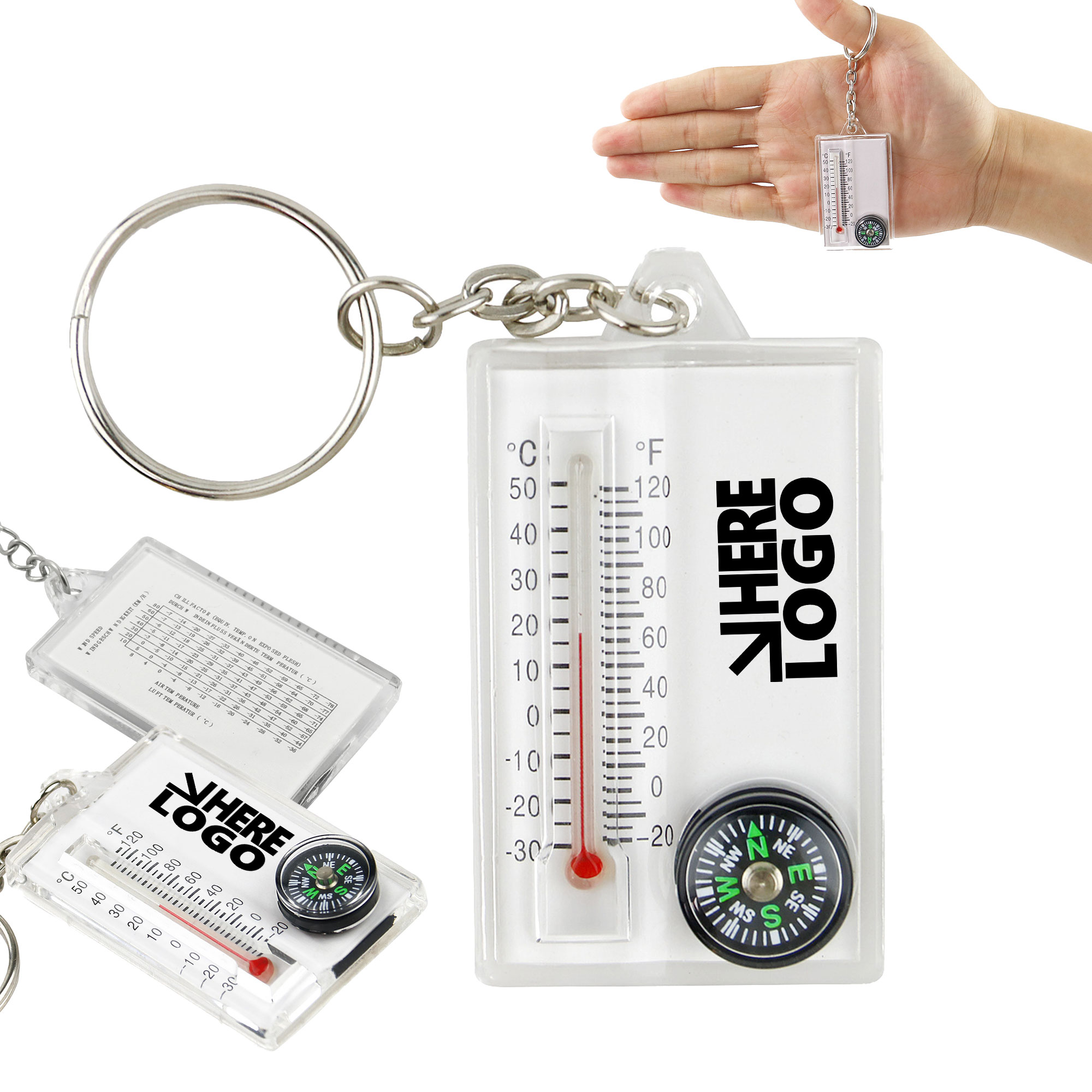 MOQ 20 Thermometer Compass Keychain Hiking Key Tag 2