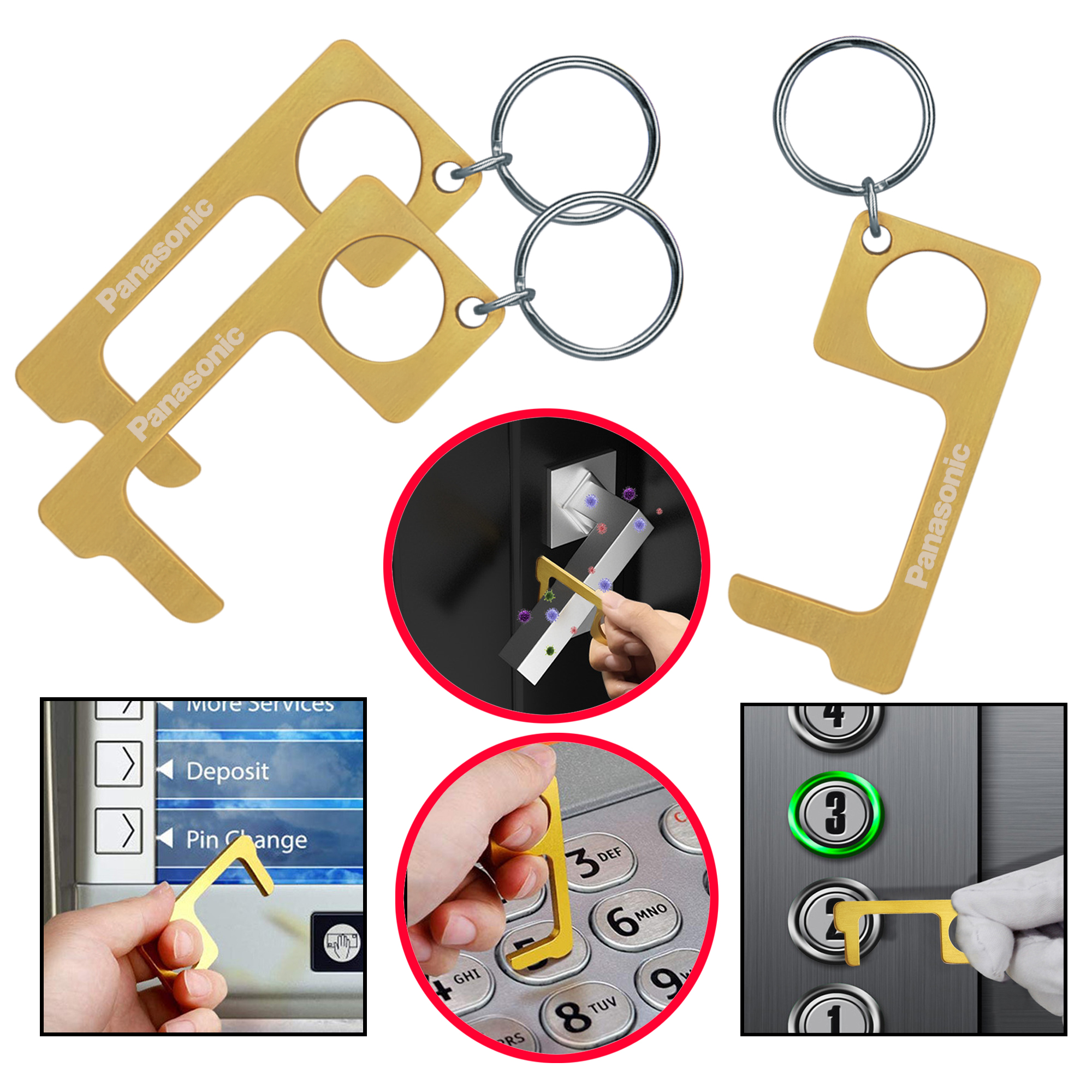 PPE Brass Hygiene Door Opener Closer No-Touch w/ Key Chain 1