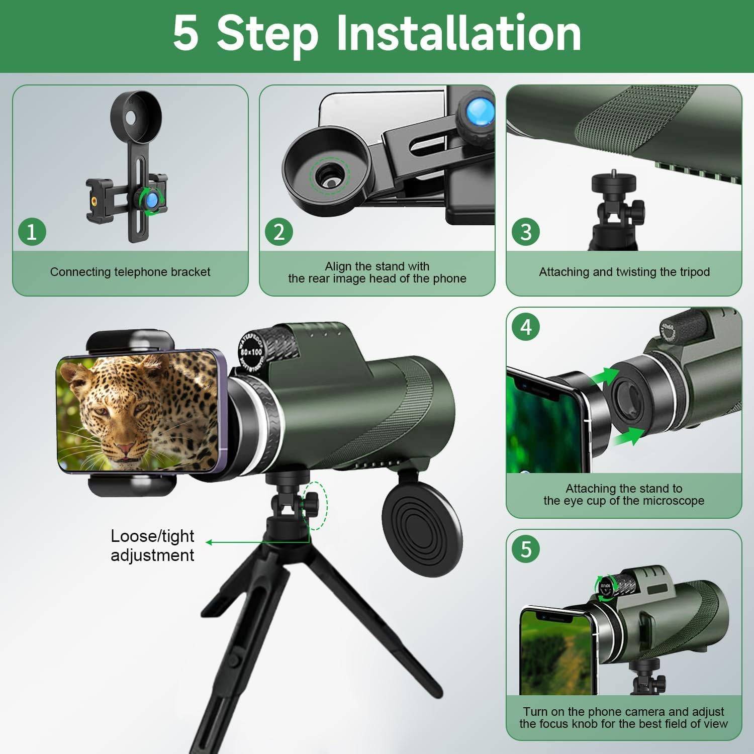 Monocular Telescope w/ Phone Clip & Tripod for Birdwatching 7