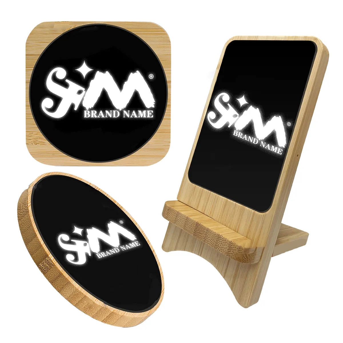 15W Light Up Logo Bamboo Portable Fast Wireless Charger 4