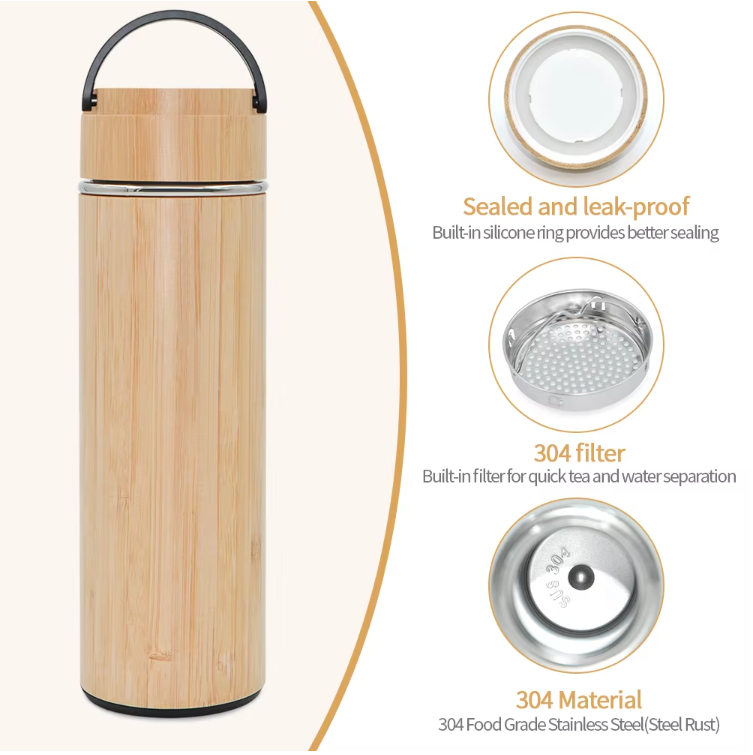 17oz Eco-Friendly Bamboo Steel Water Bottle with Carrying Handle 2