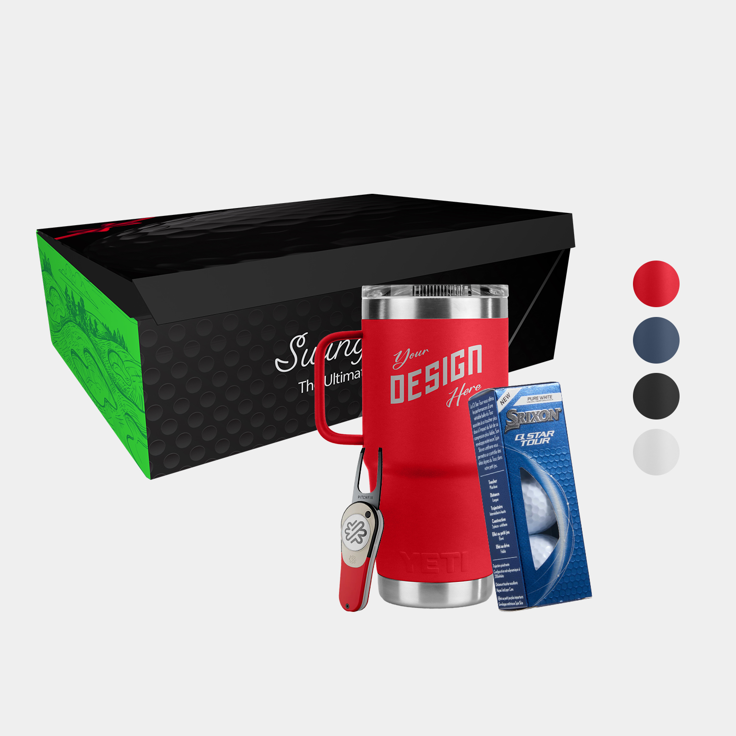 20 Oz YETI® SS Travel Mug, Srixon® Golf Balls & Pitchfix® Icon Divot Tool Gift Set 6