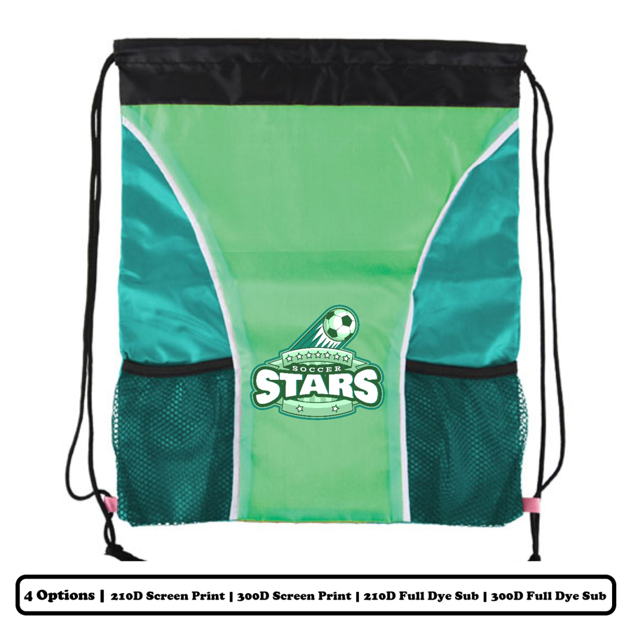 Multi-Panel Polyester Drawstring Bag w/ Bottle Holder & Mesh