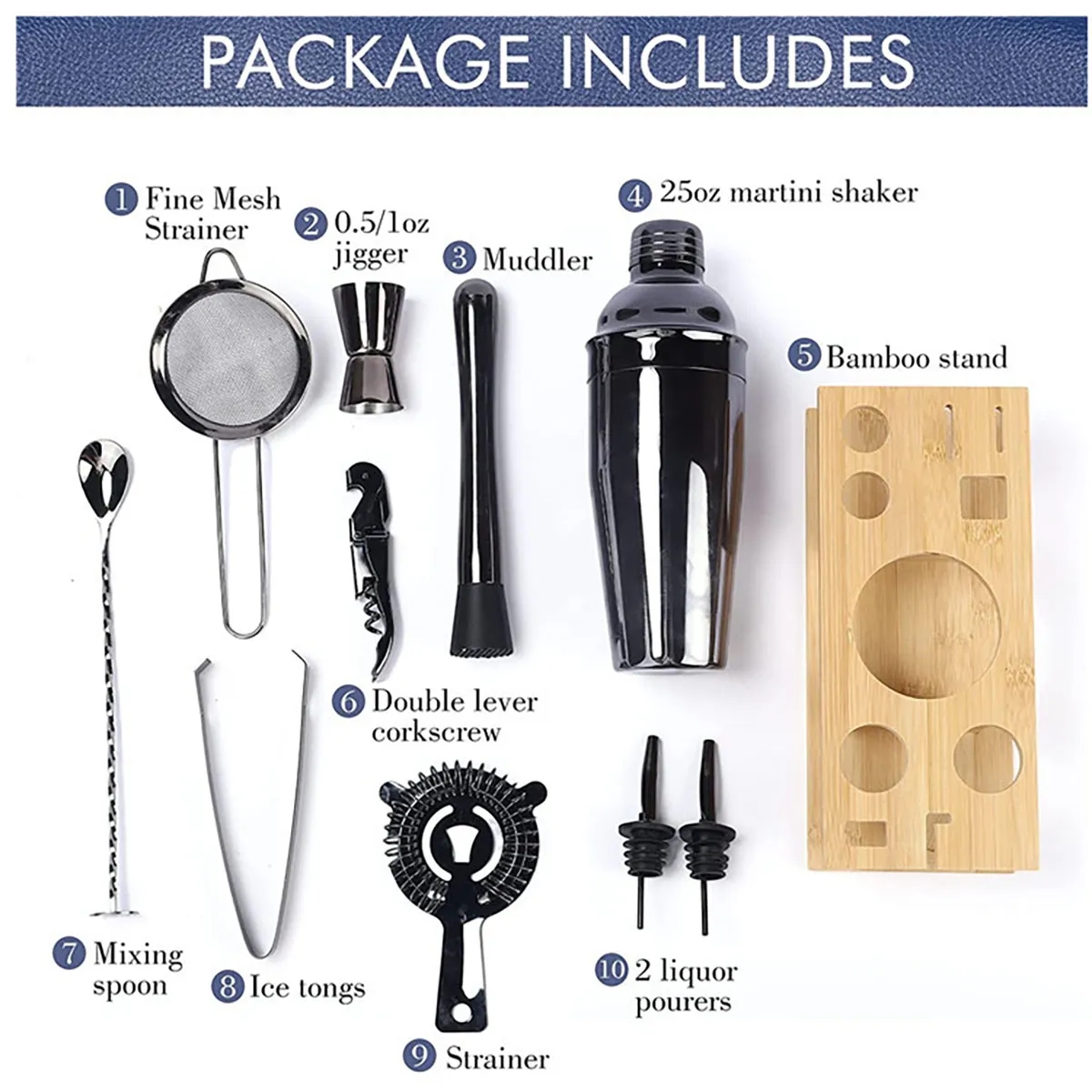 11pcs Cocktail Bartender Shaker Set with Bamboo Stand 7