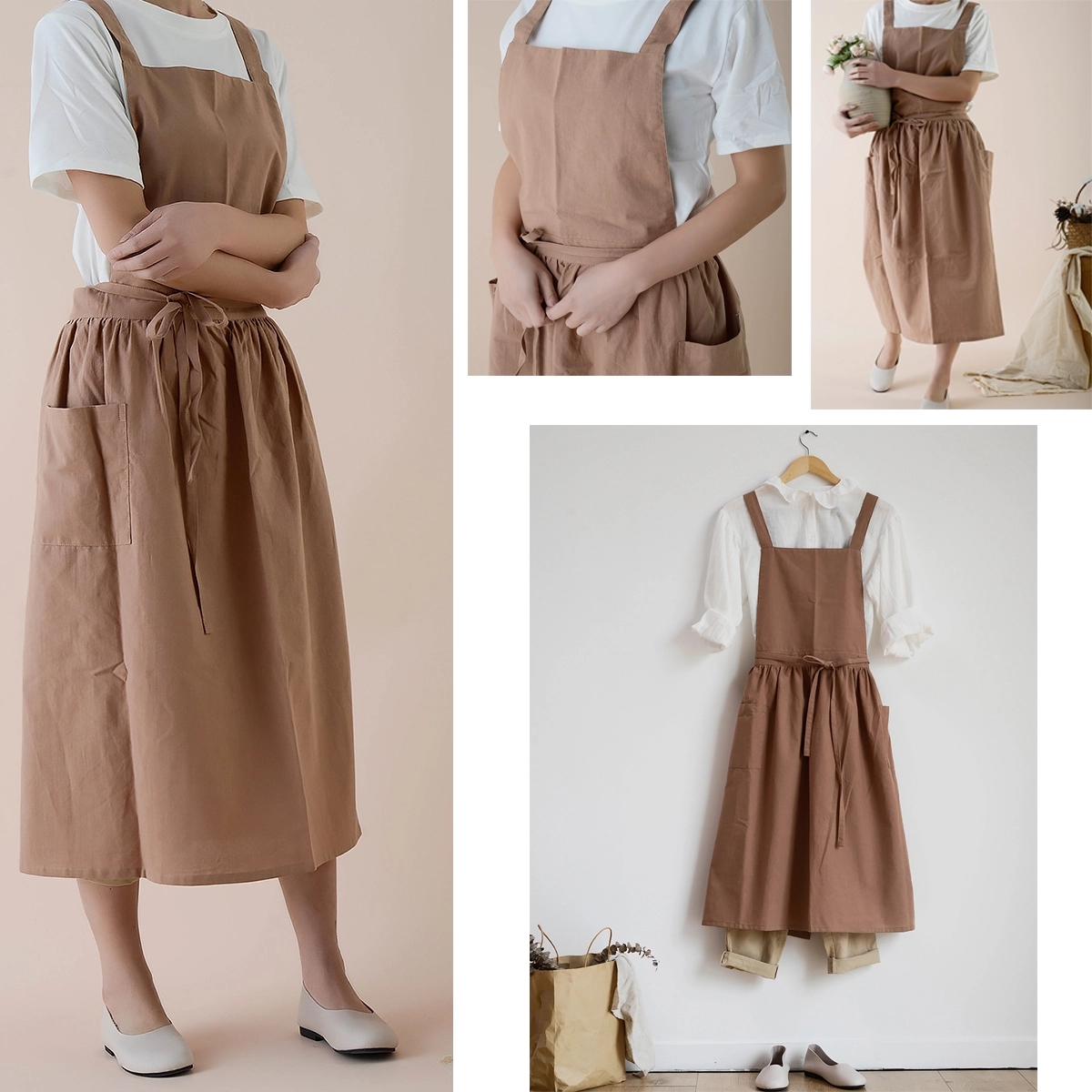 Cotton Linen Cross Back Apron with Pockets 2