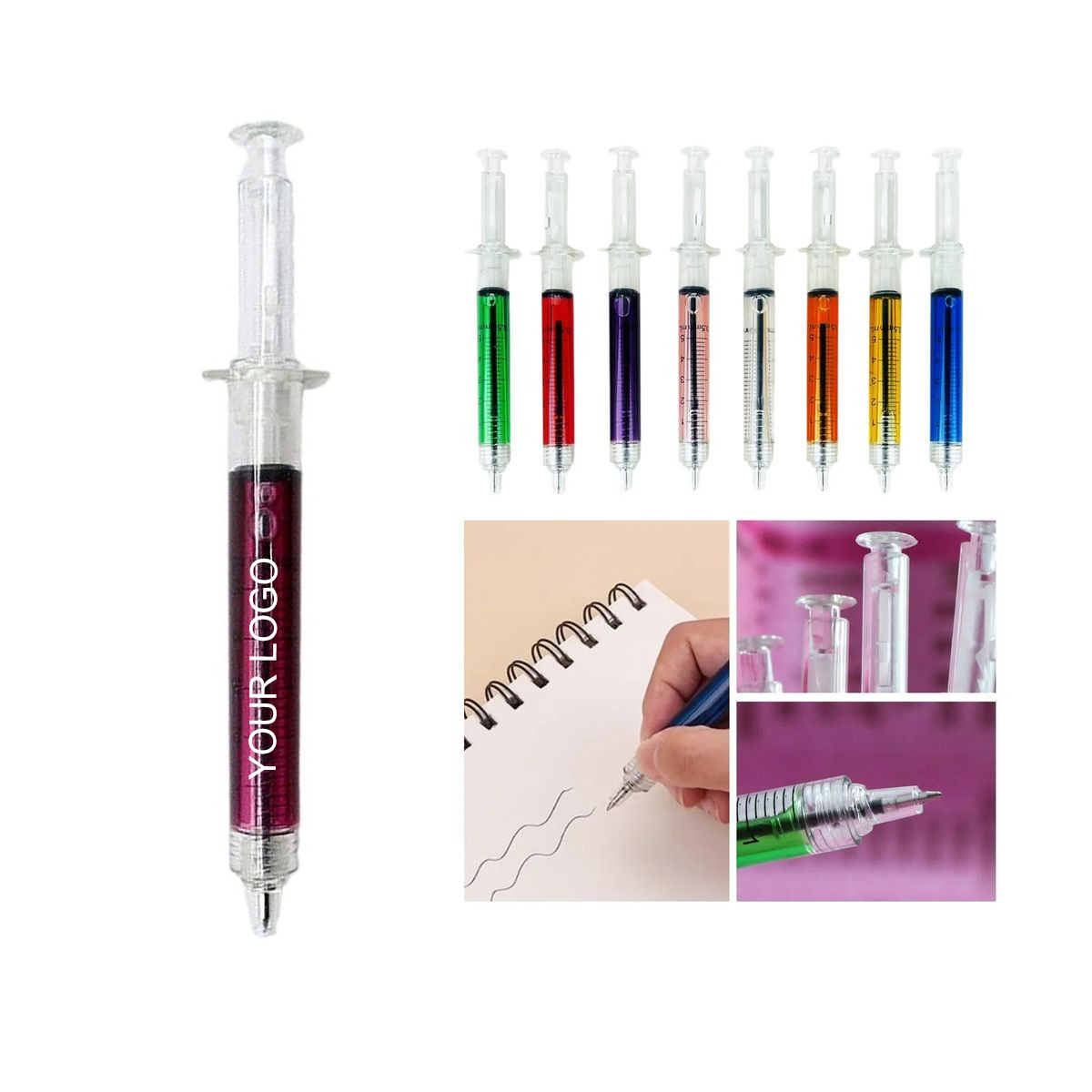 5.71" x 0.4" Syringe-Shaped Ballpoint Pen with Blue Ink and Logo 9