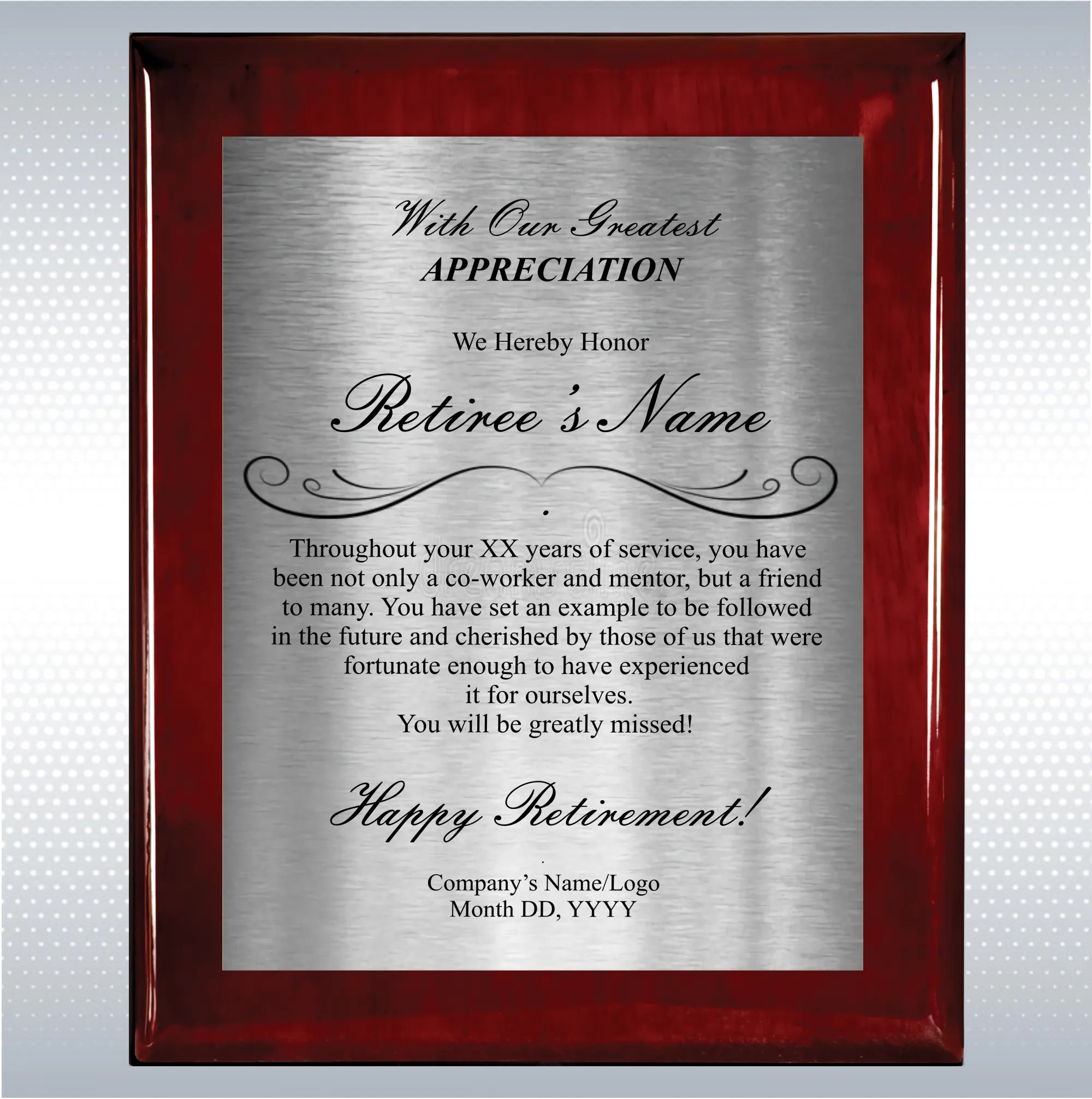 Rosewood Piano Finish Wood Plaque Retirement Gift Award 2