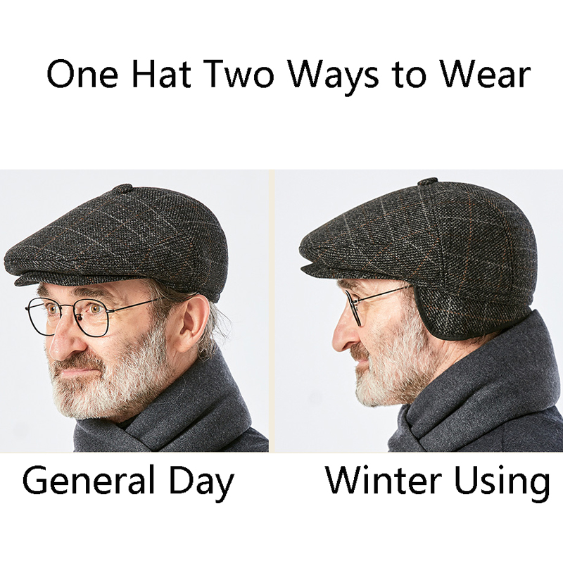 Wool Blend Beret Flat Newsboy Gatsby Caps w/Retractable Invisible Ear flap 12