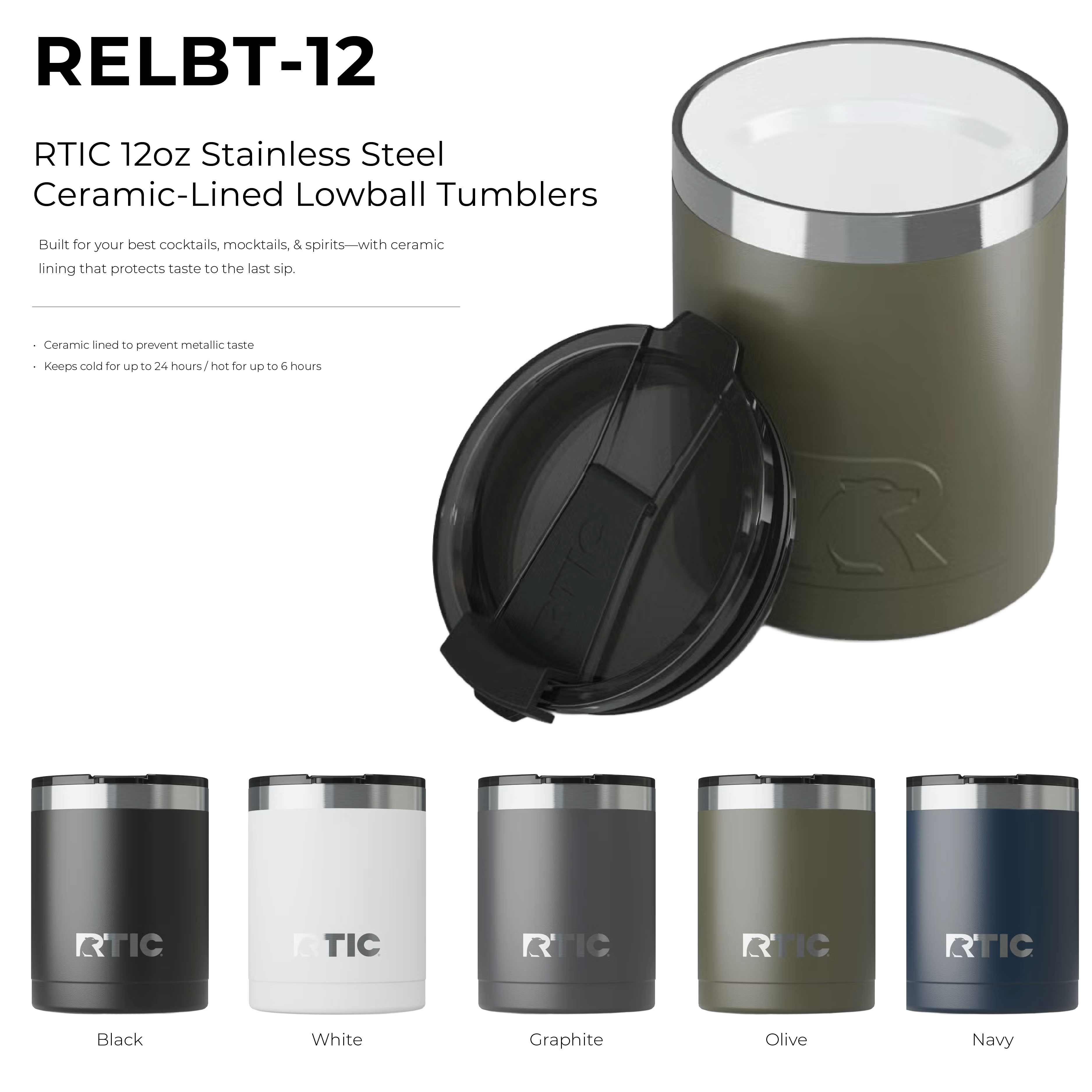 RTIC 12oz Stainless Steel Ceramic-Lined Lowball Tumblers 16
