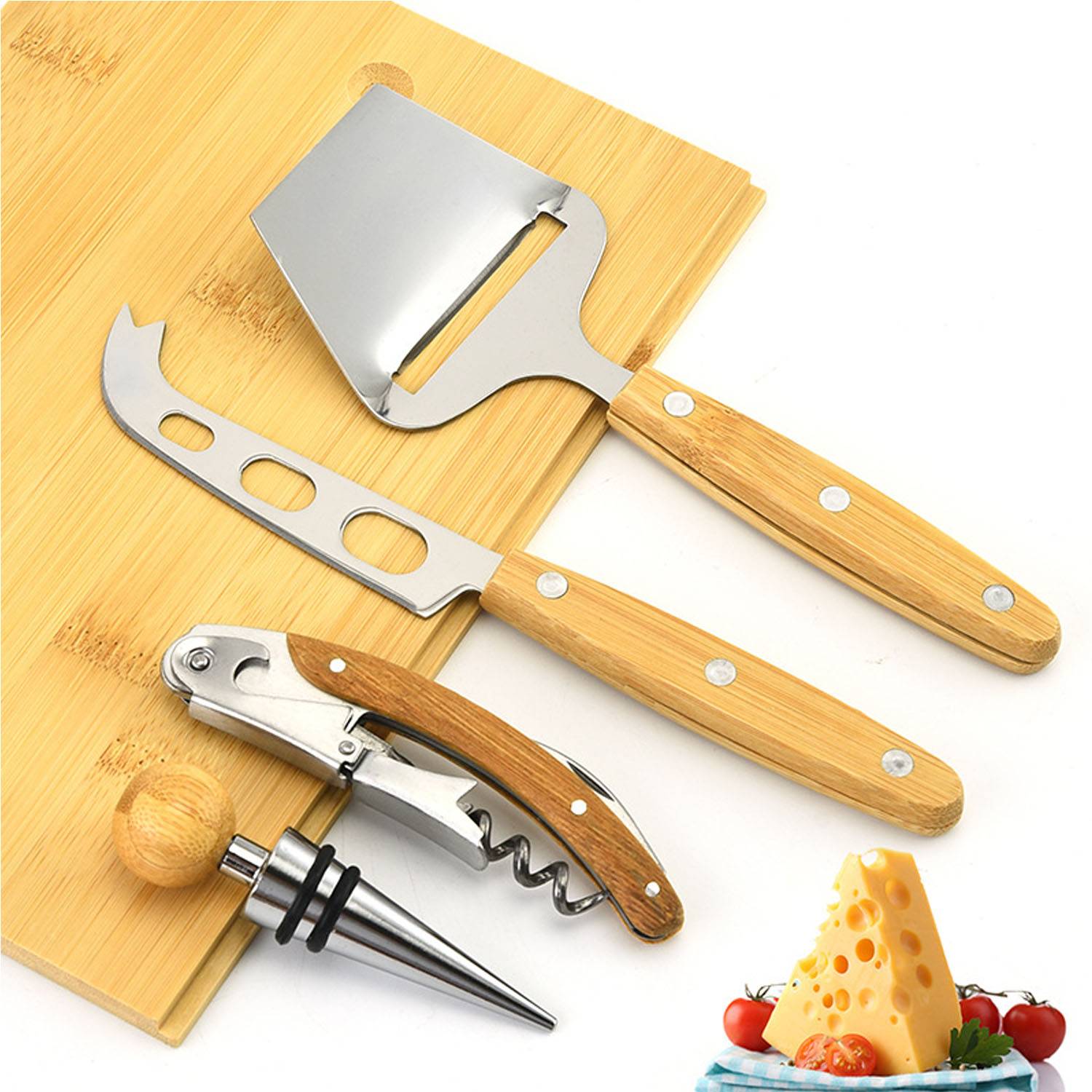 5PCS Bamboo Cheese Knife Spatula Wine Stopper Set w/ Box 5