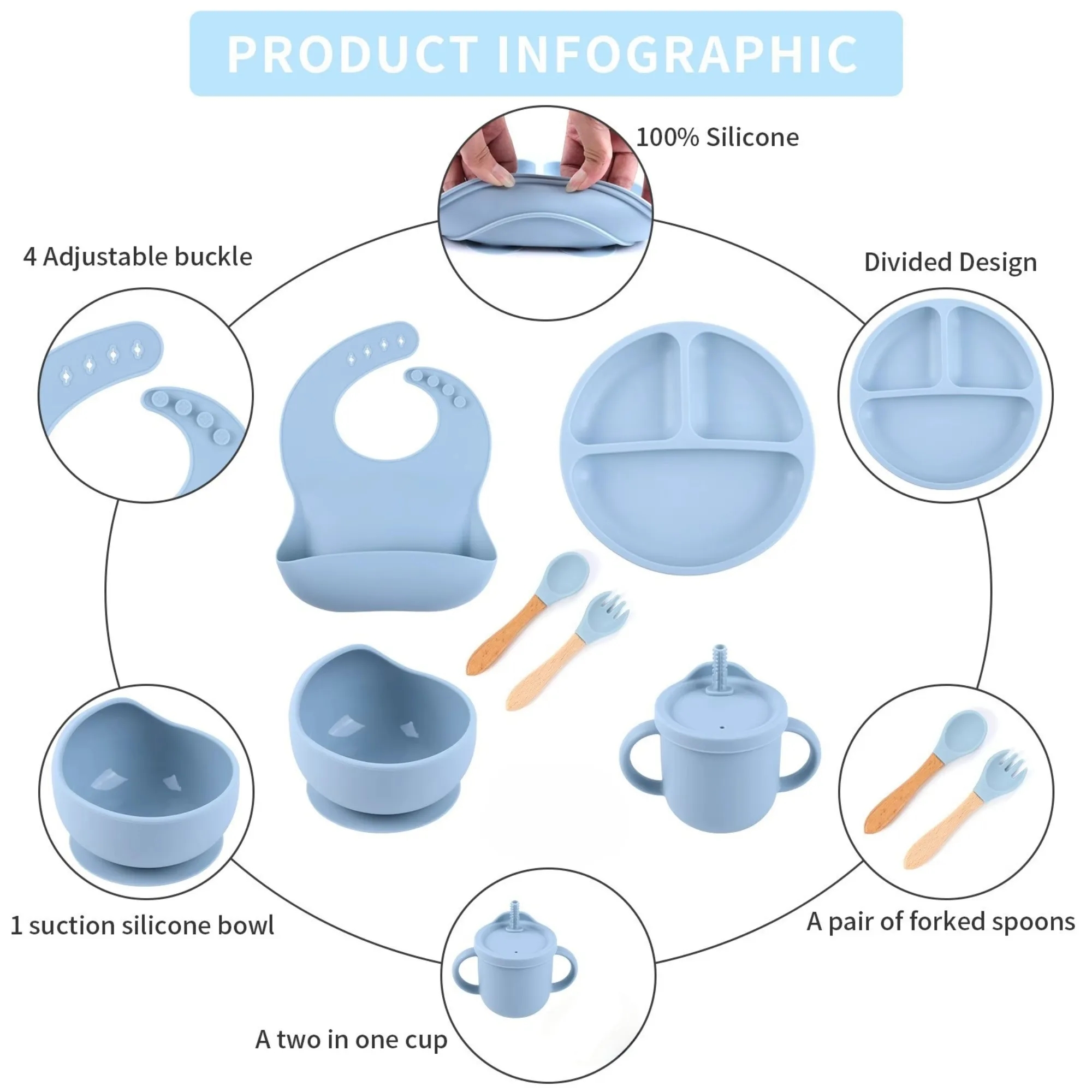 Children's Anti-Drop Silicone Tableware Set With Suction Cup 8