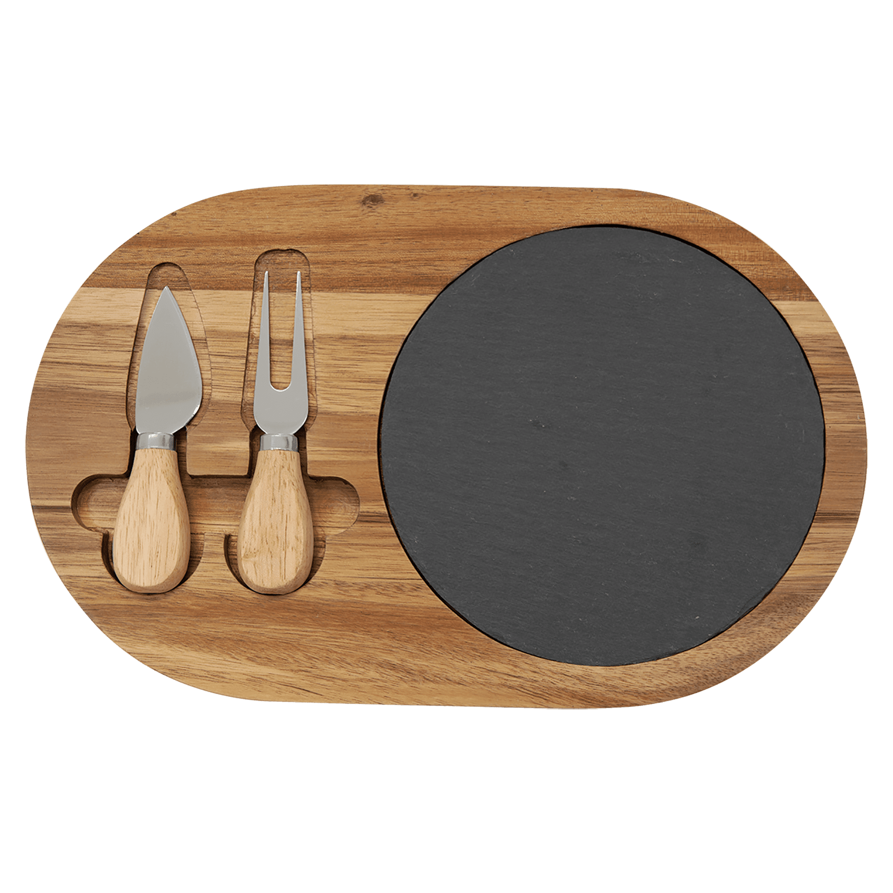12 1/2" x 7 3/4" Acacia Wood/Slate Oval Cheese Set w/ Two Tools 2