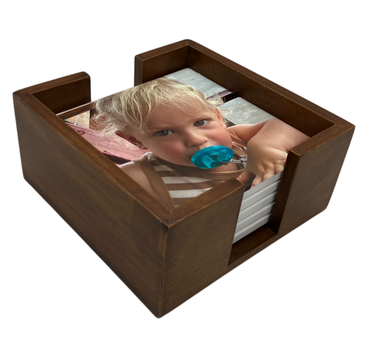 Walnut Finish Wooden 5 Coaster Holder Sets 2