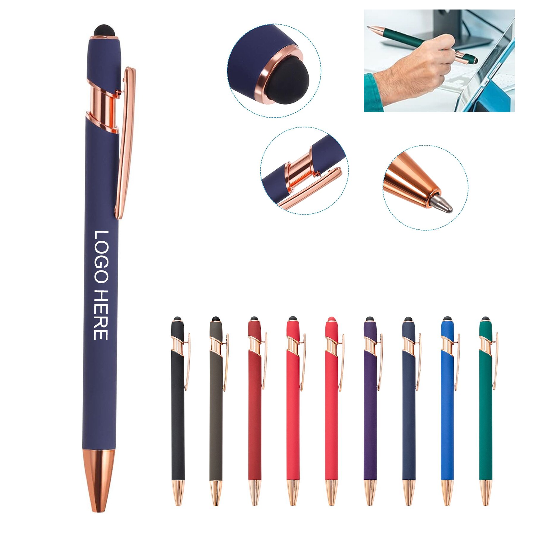 Metal Ballpoint Pen With Stylus Tip Rose Gold 3