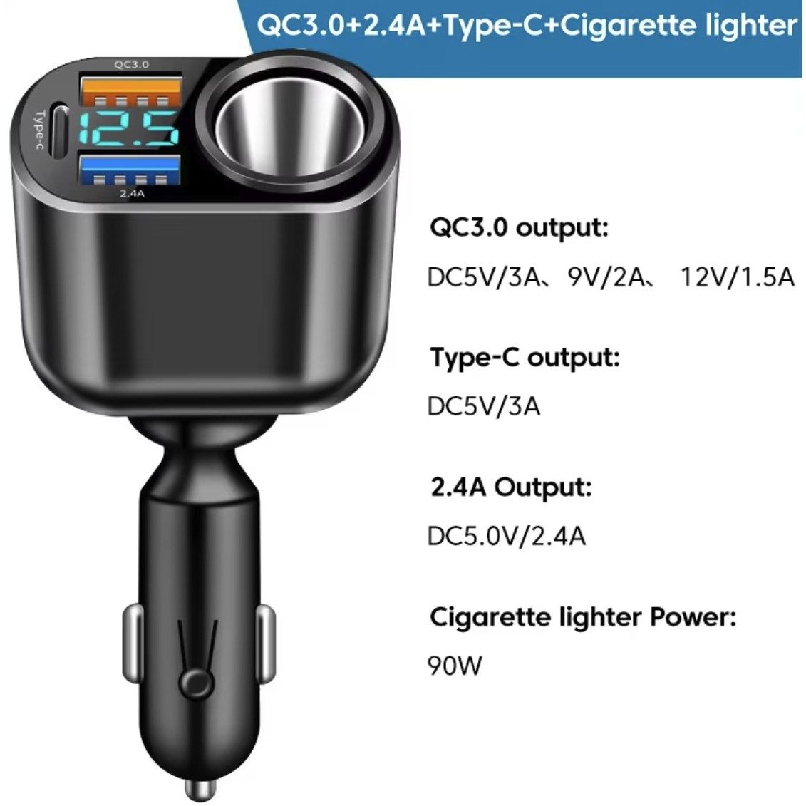 Car Cigarette Lighter Socket 3 Ports Type-C Car Charger 3
