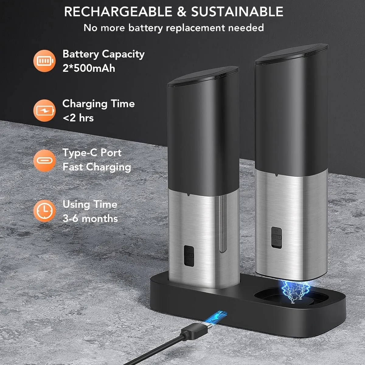 Rechargeable Electric Gravity Salt and Pepper Grinder Set 6