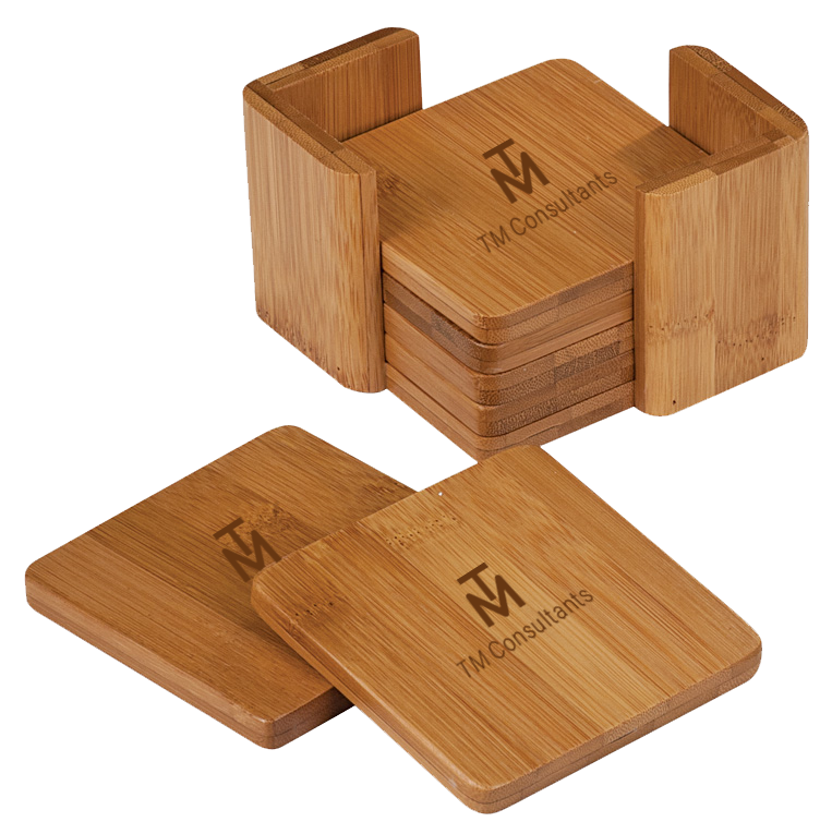 3 3/4" x 3 3/4" Bamboo Square 6-Coaster Set with Holder 1