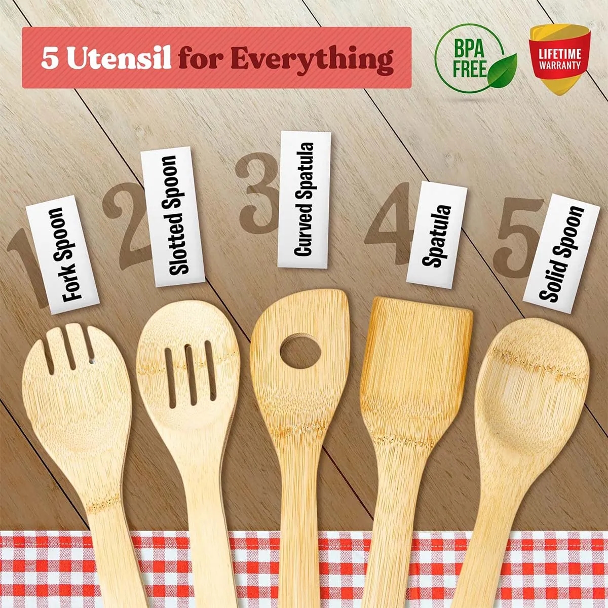 Natural Durable Bamboo Kitchen Utensil Set for Cooking 4