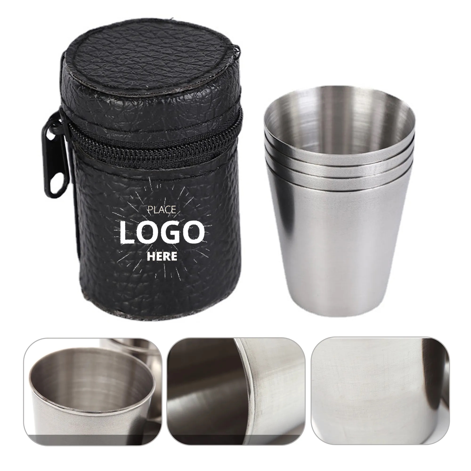 3.4oz. Portable Stainless Steel Cups Set With Leather Cover 1