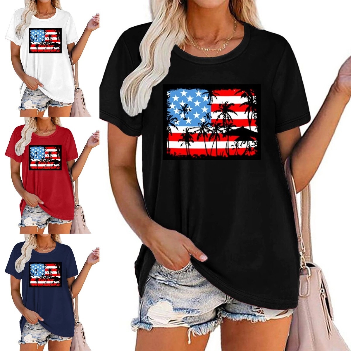 Women American Flag Graphic Short Sleeve Round Neck T-shirt 8