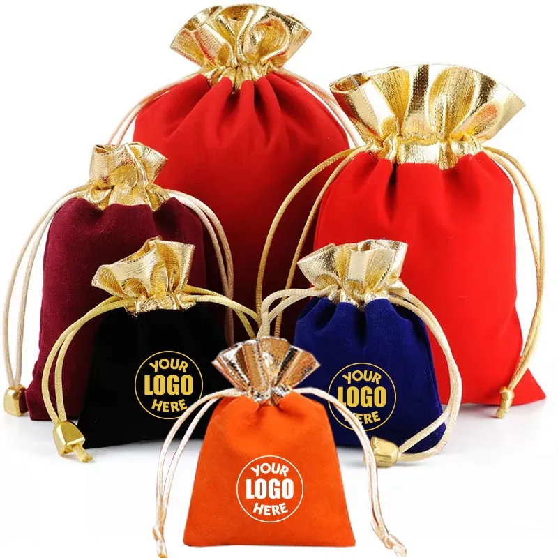 Velvet Gold Trim Drawstring Jewelry Gift Pouches 4