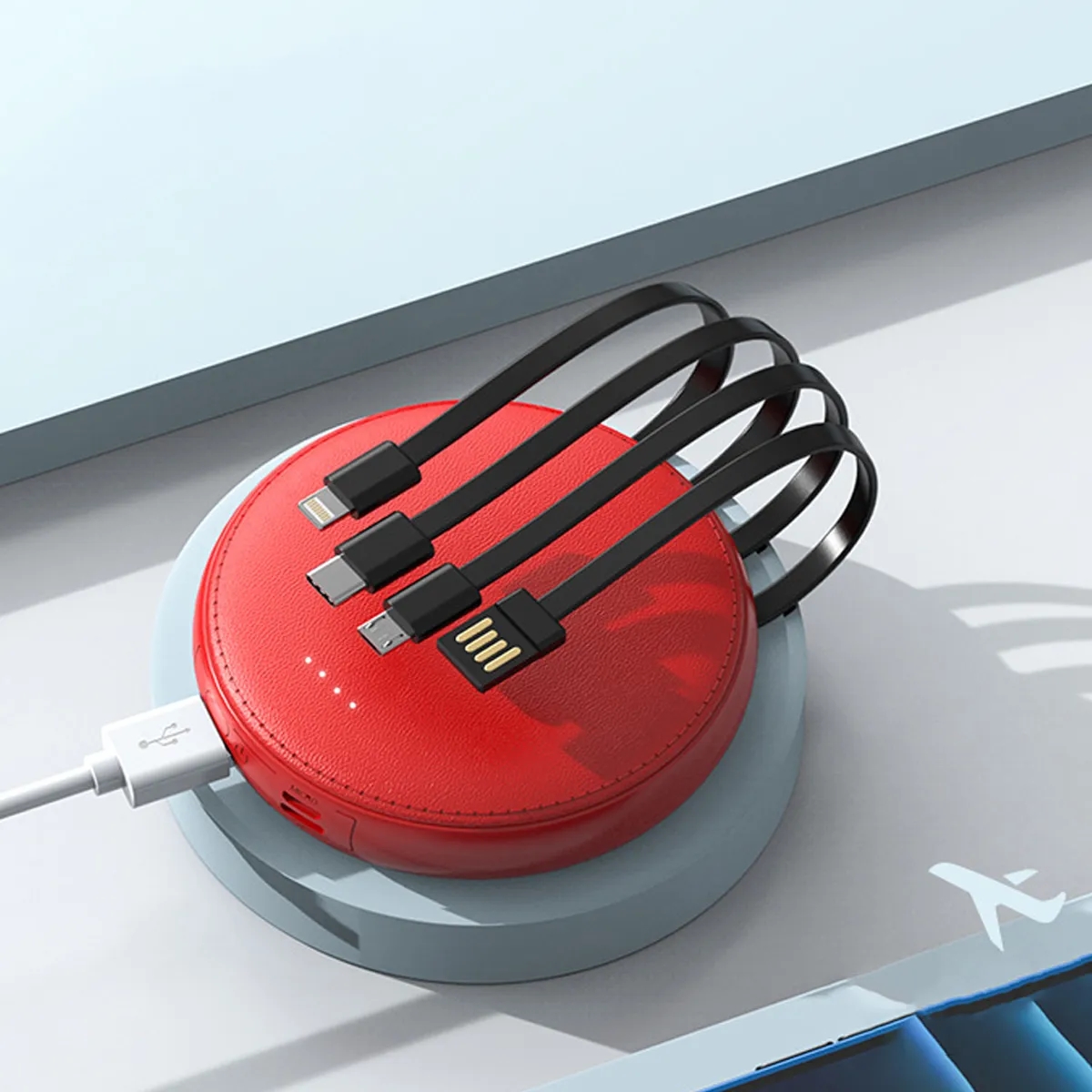 Round Portable Power Bank With Built-In Cables 4